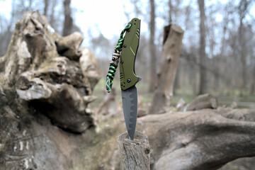 Folding knife beautiful design cutting double color edge green handle and lanyard paracord with bead dry wood beautiful nature background
