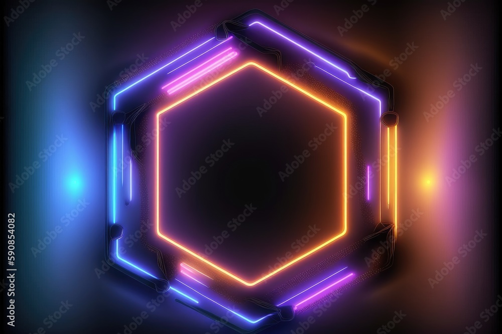 Poster abstract of neon hexagon shape isolated on space background in reflective colorful spotlight. theme 