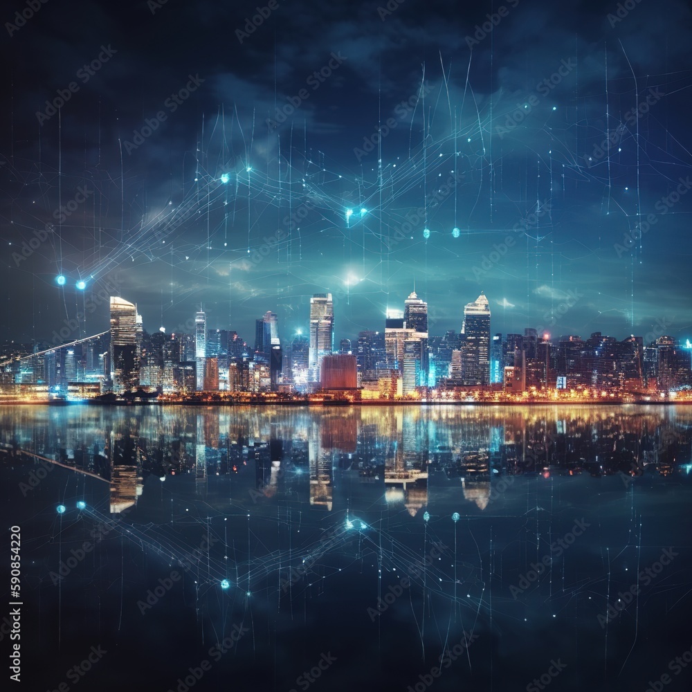 Poster abstract dot points and smart cities connect with the aesthetic and gradient line complex wave line 