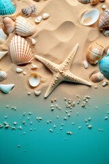 Muscheln und Seesterne auf dem Sand mit Meer im  Hintergrund - erstellt mit AI 