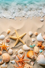 Fototapeta na wymiar Muscheln und Seesterne auf dem Sand mit Meer im Hintergrund - erstellt mit AI 