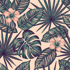 Tropical seamless pattern. Colorful vivid print with beautiful palm jungle leaves and flowes. Repeated luxury design for packaging, cosmetic, fashion, textile, wallpaper. Realistic high quality