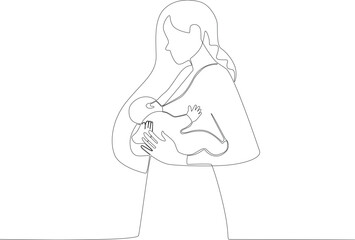 A woman breastfeeds her child happily. Pregnant and breastfeeding one-line drawing