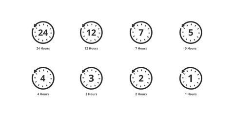 Time interval clock icons 24, 12, 7, 5, 4, 3, 2, 1 hours. editable line