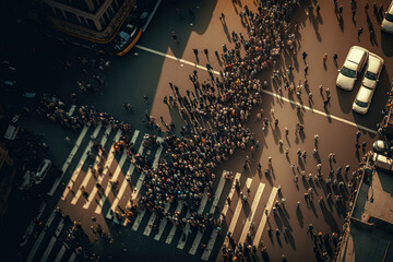 People walking at city street, aerial view. Protesting crowd. Created with Generative AI