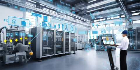 Fototapeta premium A network of machines, representing the integration of Artificial Intelligence, Industry 4.0 and IT - illustrating the potential of technology. generative ai