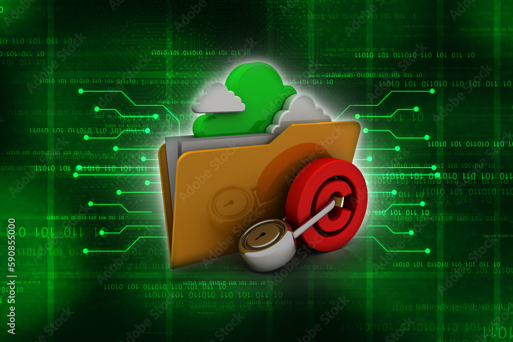 Poster 3d rendering yellow folder and copyright lock. data security concept