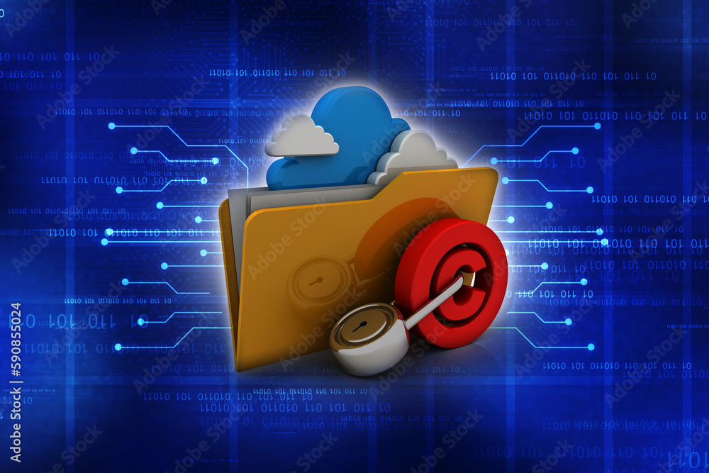 Poster 3d rendering yellow folder and copyright lock. data security concept