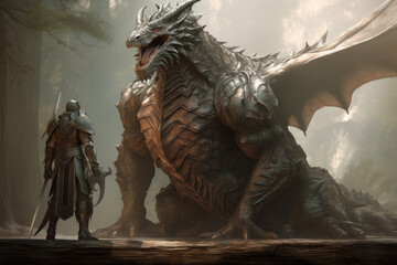 Fototapeta na wymiar Man stands in front of huge dragon, fantasy world. Generative AI