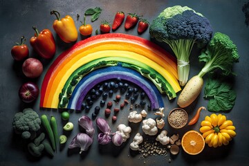 vibrant rainbow created entirely from fruits and vegetables arranged on a table. Generative AI
