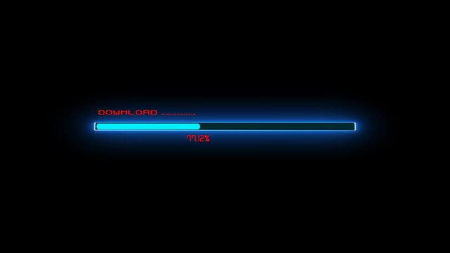 Digital glowing technology loading and processing bar animation on isolated black background