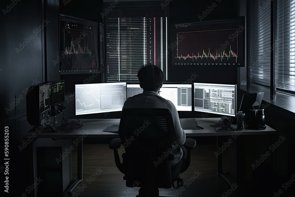 Aufkleber trader at workplace analising stock exchange graphs. man sitting at table, looking at screen with st