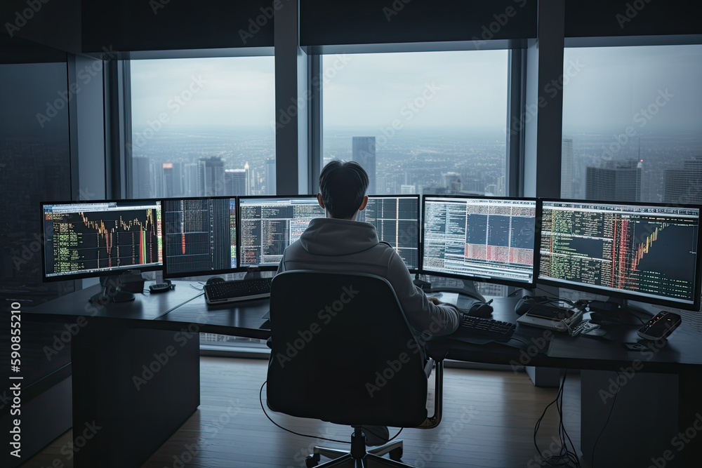 Poster trader at workplace analising stock exchange graphs. man sitting at table, looking at screen with st