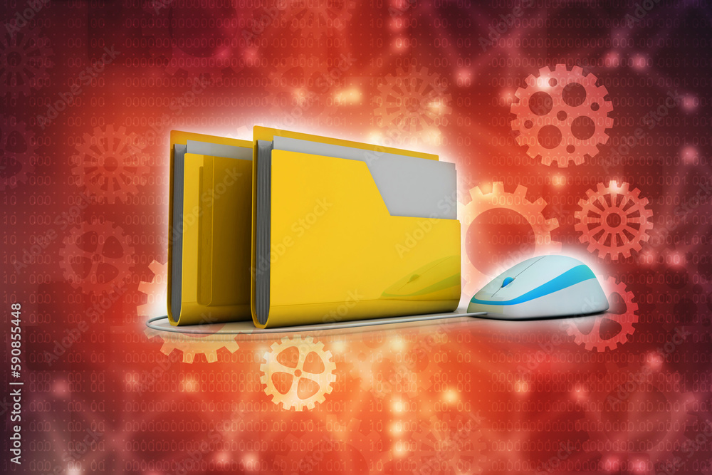 Poster 3d illustration folder with computer mouse. file storage concept