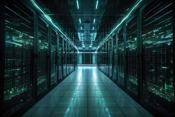 Obraz na płótnie Canvas Big data center with server racks. Server room interior. Digital technology hardware. Created with Generative AI