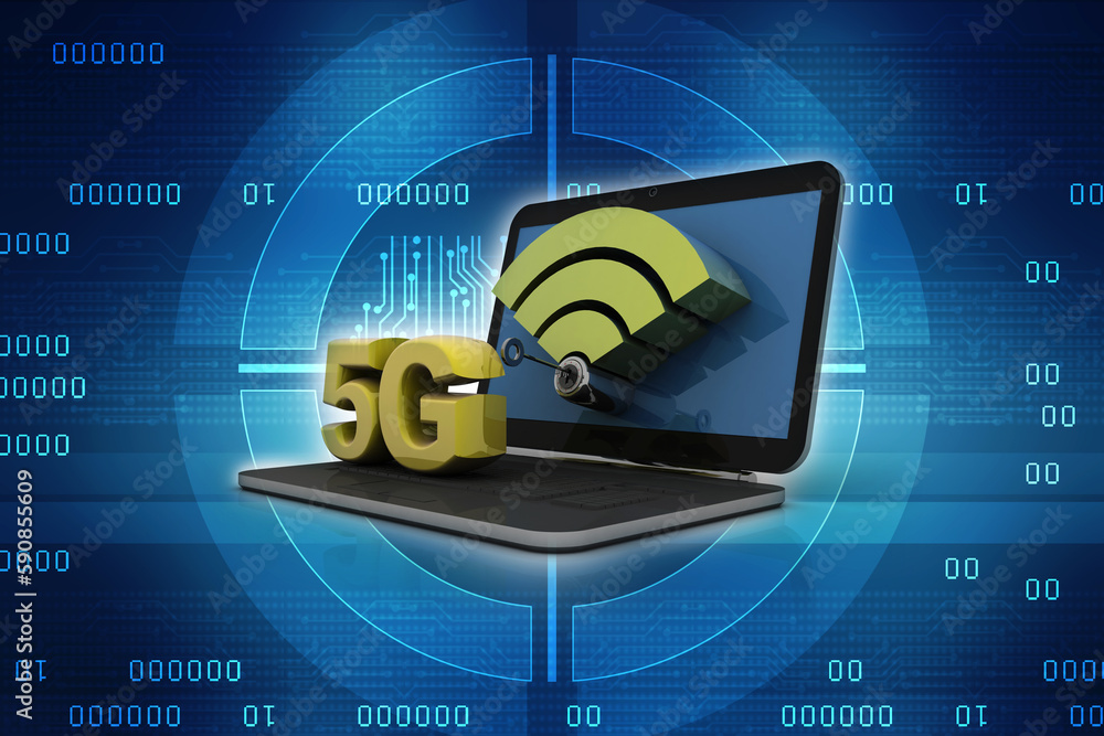 Poster 3d rendering 5g network 5g connection with laptop