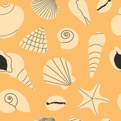 Seamless vector pattern with seashells and starfishes. Hand draw various seashells on a tropical beach. Monochrome pattern. Summer marine animal background design. Vacation travel concept.
