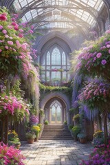 Naklejka premium Citadel, botanical garden interior, blooming garden, Generative AI Art Illustration 14