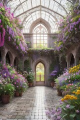 Fototapeta premium Citadel, botanical garden interior, blooming garden, Generative AI Art Illustration 13