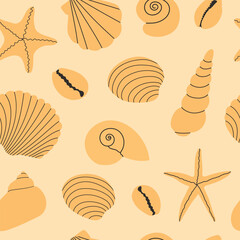 Seamless vector pattern with seashells and starfishes. Hand draw various seashells on a tropical beach. Monochrome pattern. Summer marine animal background design. Vacation travel concept.