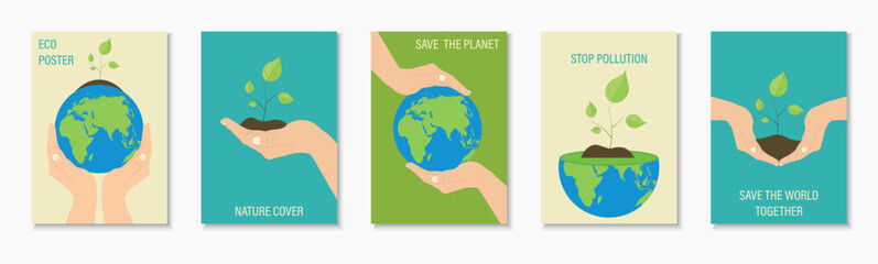 Collection of color contemporary ecology covers, templates, backgrounds, placards, brochures, banners, flyers and etc. Modern stylish drawing save planet posters, cards, catalogs.