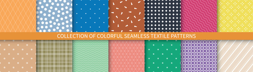 Collection of simple seamless textile patterns. Colorful minimalistic backgrounds. Trendy fabric endless prints with radnom shapes.