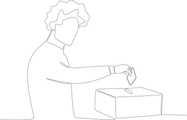 A man with curls will enter his voting results into the ballot box. Vote one-line drawing