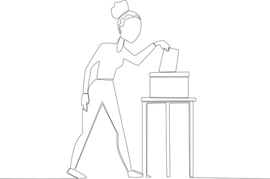 A woman enters her voting results into the ballot box. Vote one-line drawing