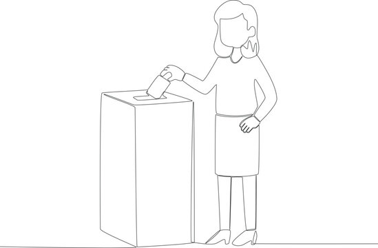 A woman wearing a short skirt stuffs a vote envelope into the ballot box. Vote one-line drawing
