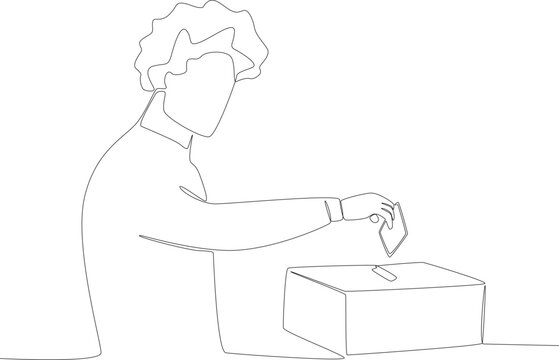 A man with curls will enter his voting results into the ballot box. Vote one-line drawing