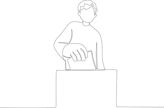 A man enters the voting results into the ballot box in front of him. Vote one-line drawing