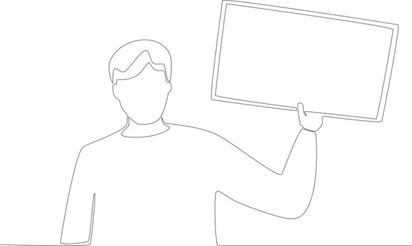 A man holding a whiteboard of voting results. Vote one-line drawing