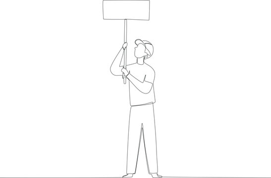 A man holds up the board of his preferred candidate. Vote one-line drawing
