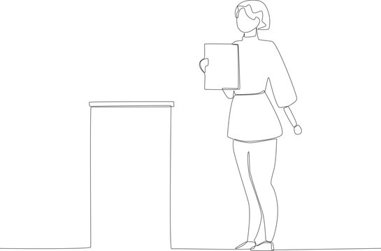 A young woman holding her finished voting paper. Vote one-line drawing