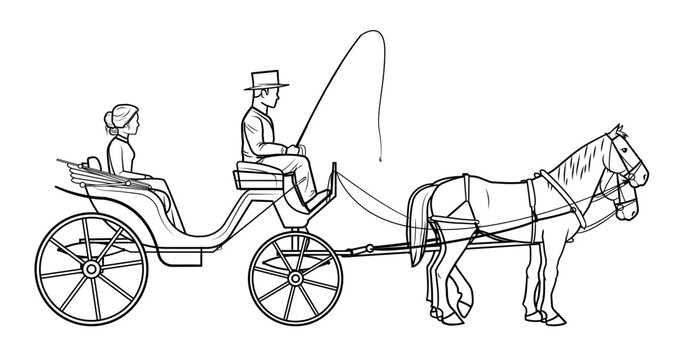 Classic horse pulled cabriolet cart - vector stock illustration.