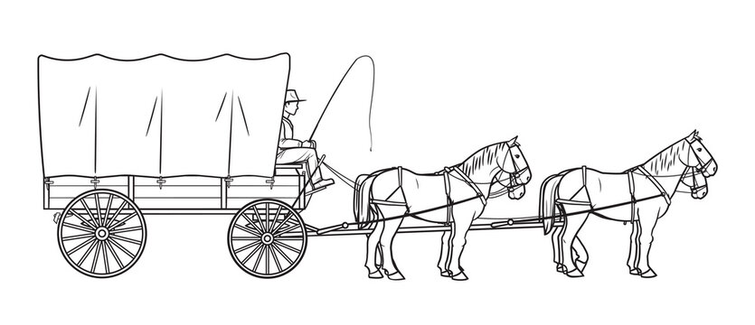 Covered settlers wagon with four horses - vector stock illustration.
