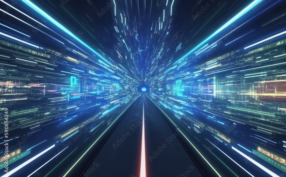Poster generative ai illustration of futuristic corridor with glowing lights and fast speed motion