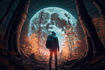 Man with a backpack hiking in the forest at night. Generative AI - obrazy, fototapety, plakaty