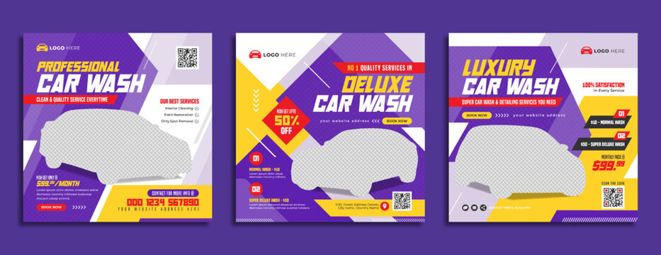 Car wash service promotion social media post template. Car cleaning or automobile repair business marketing banner or flyer. Car sale or maintenance advertisement poster. Online ad digital cover.