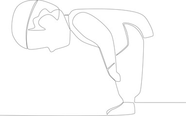 A boy performs a crooked movement during prayer. Sholat one-line drawing
