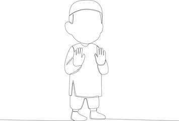 A boy praying at home. Sholat one-line drawing