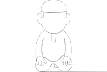 A boy wearing a skullcap praying. Sholat one-line drawing