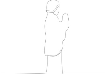 A Muslim woman performs the opening laudation of prayer movements during prayer. Sholat one-line drawing