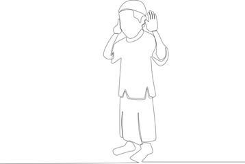 A boy raises his hand doing an opening laudation of prayer gesture. Sholat one-line drawing