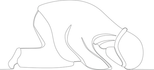 A woman makes a prostration gesture. Sholat one-line drawing