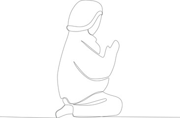 A woman praying after salat. Sholat one-line drawing