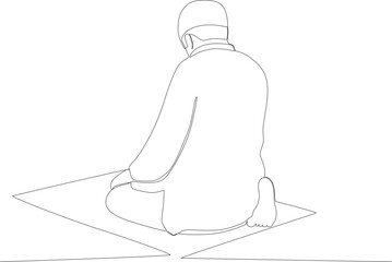 A man prays on a prayer mat. Sholat one-line drawing