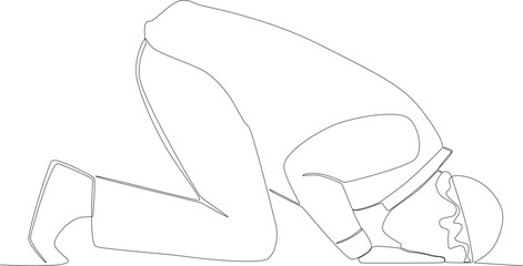 Side view of a man prostrating during salat. Sholat one-line drawing