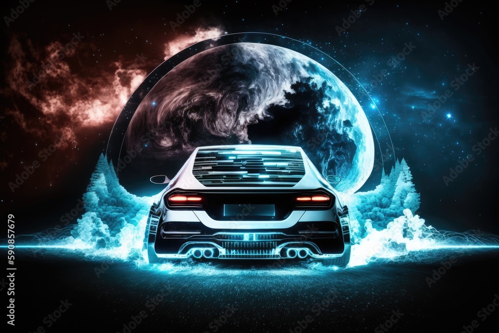 Poster sleek futuristic car hovering in front of a vibrant planet. generative ai