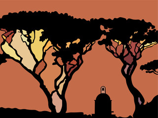 silhouettes of trees and a church on a pink background